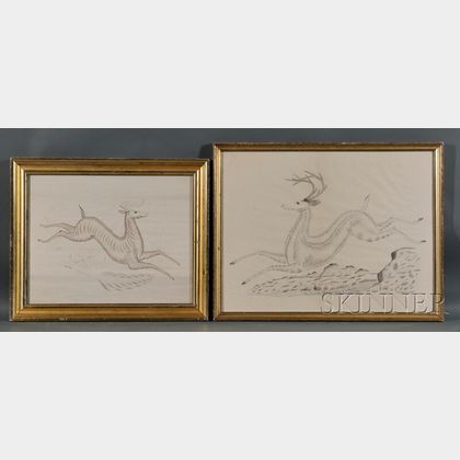 Two Framed Leaping Stag Calligraphic Exercises