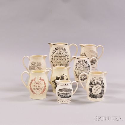 Eight Wedgwood Queen's Ware Transfer-decorated Jugs