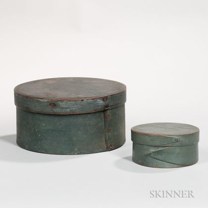 Two Round, Blue-painted, Covered Pantry Boxes