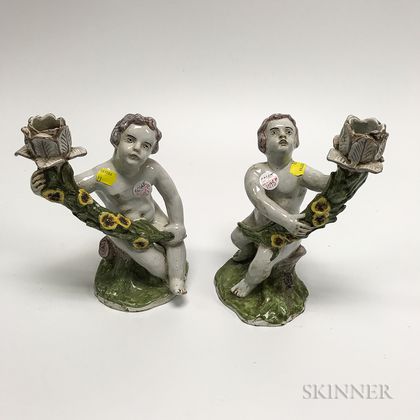 Pair of French Majolica Figural Candlesticks