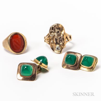 14kt Gold and Diamond Initial Ring, Low-karat Gold and Carnelian Seal Ring, and a Pair of Jadeite Cuff Links
