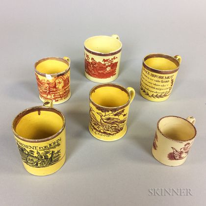 Six Staffordshire Yellow-glazed Transfer-decorated Ceramic Cups
