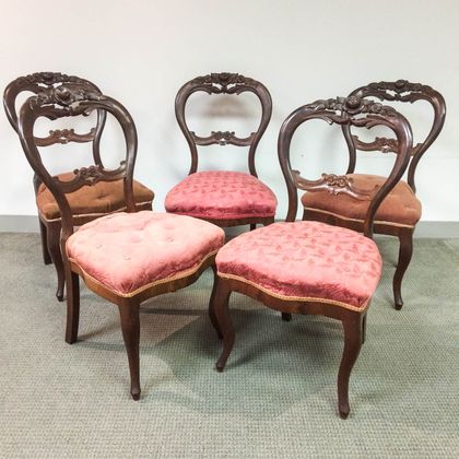Set of Five Rococo Revival Carved Walnut Side Chairs