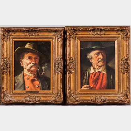 Attributed to Fritz Wagner (German, 1896-1939),Two Portrait Heads of Bavarian Men: One Smoking a Pipe, One Holding the Barrel of a Gun