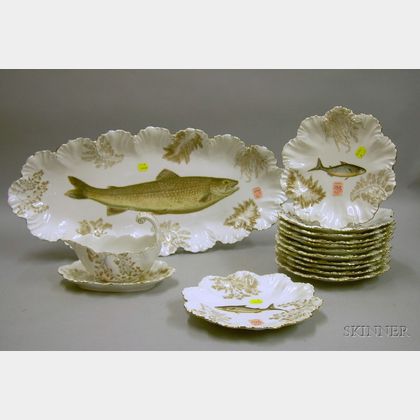 Thirteen-piece Limoges Transfer Decorated Porcelain Fish Set