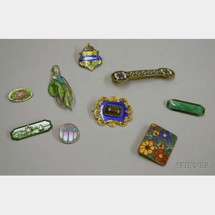 Nine Victorian and Later Enamel Brooches/Pins