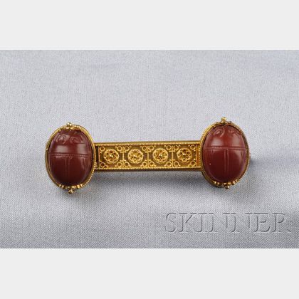 Etruscan Revival 18kt Gold and Carnelian Scarab Brooch