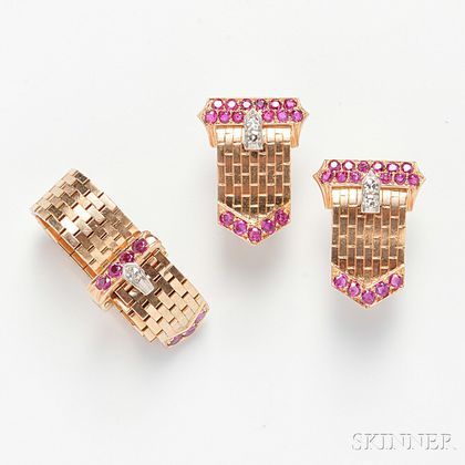Retro 14kt Rose Gold and Ruby Buckle Suite, Tiffany & Co.