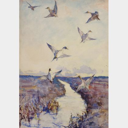 Frank Weston Benson (American, 1862-1951) Pintails in Flight over a Marsh