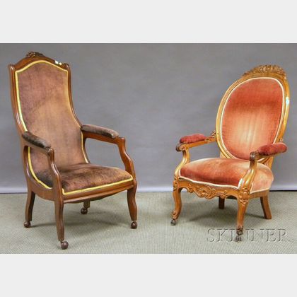 Two Victorian Upholstered Carved Walnut Parlor Armchairs