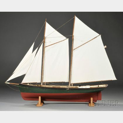 Large Painted Wooden Model of a Two-masted Schooner