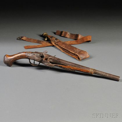 Flintlock Pistol and Leather Shot Pouch