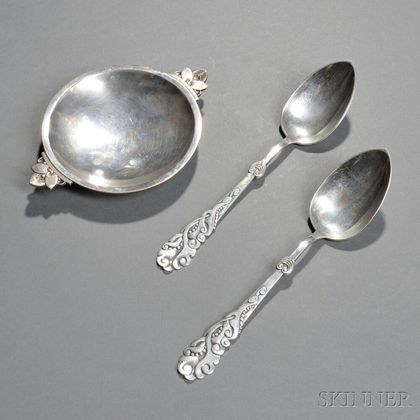Georg Jensen Dish and Two Silver Serving Spoons 