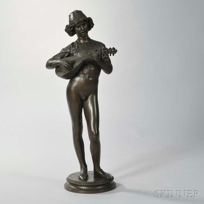 Paul Dubois (French, 1829-1905) Bronze Figure of a Man Playing a Lute