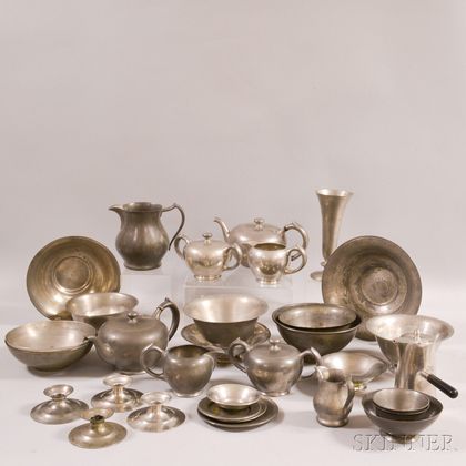 Thirty-two Pieces of Lester H. Vaughan Pewter Tableware