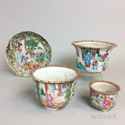 Three Rose Medallion Porcelain Planters and a Dish