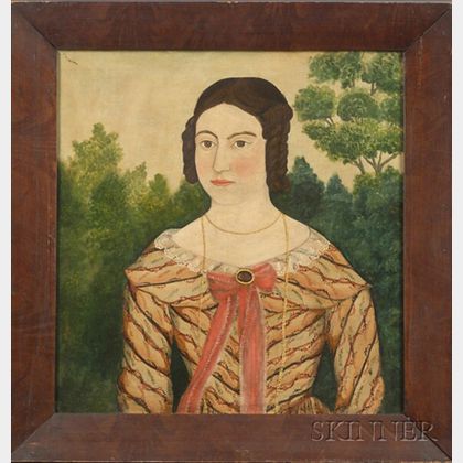 American School, 19th Century Portrait of a Young Woman in a Patterned Striped Dress.