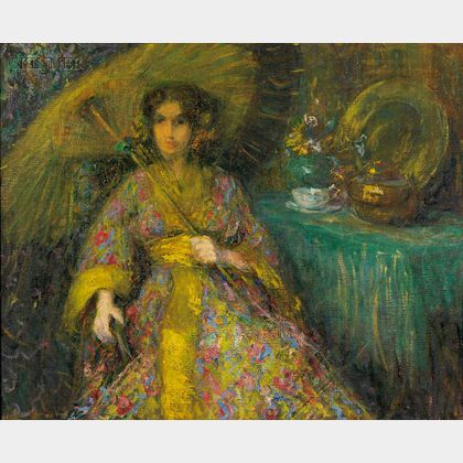 American School, 19th/20th Century Young Woman with a Parasol at Tea