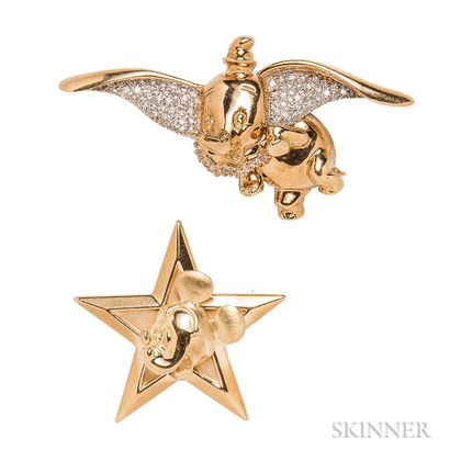 Two 18kt Gold Brooches, Disney