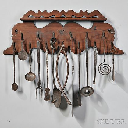 Carved Wood Implement Rack with Wrought Iron Implements
