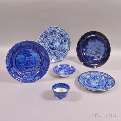 Six Pieces of Staffordshire Historic Blue Transfer-decorated Tableware