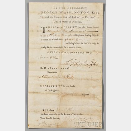 Washington, George (1732-1799) Military Discharge Signed, Headquarters, Newburgh, New York, 7 June 1783.