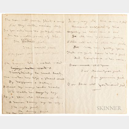 Alcott, Louisa May (1832-1888) Unpublished Manuscript Poem, To Constance , Concord, c. 1882.