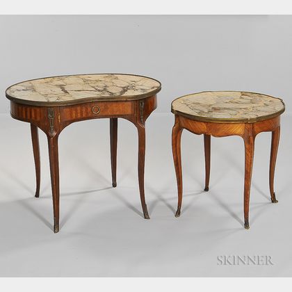 Two Louis XV-style Marble-top Satinwood Side Tables