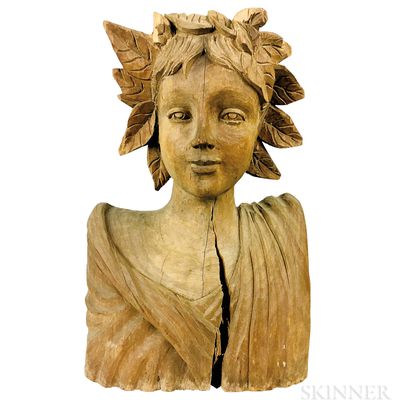 Carved Pine Bust of an Allegorical Figure