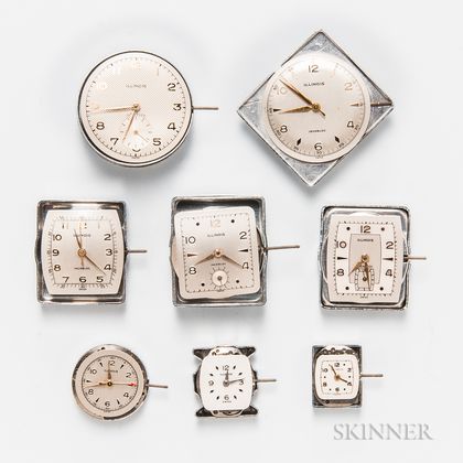 Eight Illinois Men's and Women's Manual-wind Wristwatch Movements and Dials