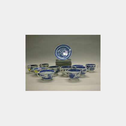 Twenty Nanking and Canton Blue and White Porcelain Teacups and Saucers. 