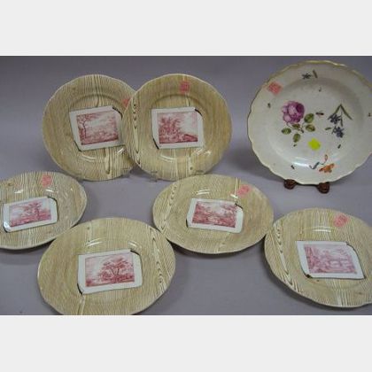 Set of Six B. & Co. Wood Grain and Scenic Transfer Decorated Plates and a Meissen Handpainted Floral Decorated Porcelain Plate. 