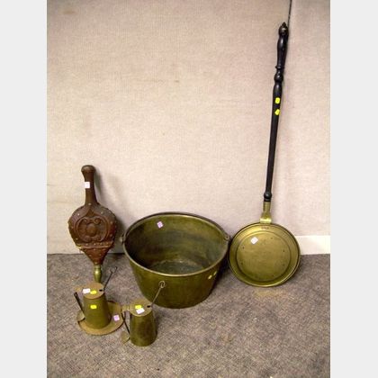 Brass Bed Warmer with Turned Wood Handle, Two Brass Pots with a Tray, a Brass Kettle, and a Carved Wood and Lea... 