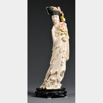 Tall Polychrome Ivory Carving