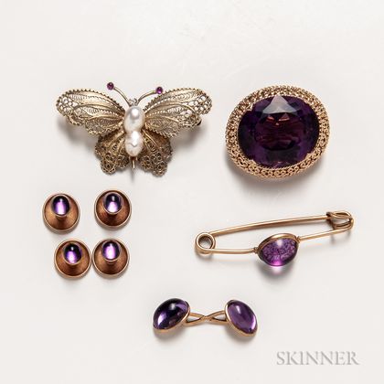 Group of 14kt Gold and Amethyst Jewelry and a 14kt Gold and Baroque Pearl Butterfly Brooch