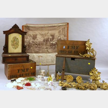 Three 19th Century Wooden Boxes with Contents and a Renaissance Revival Dressing Mirror