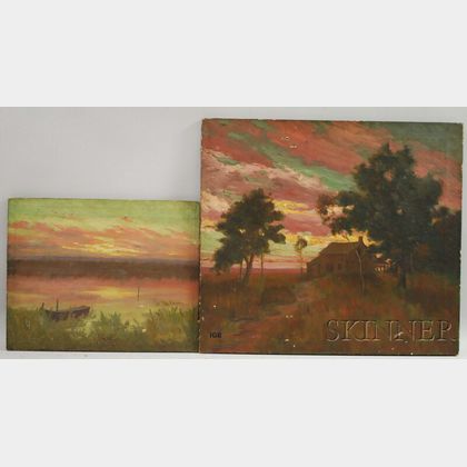 Audrie B. Martin (American, 19th/20th Century) Two Unframed Landscapes: House at Sunset