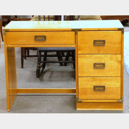Modern Brass-mounted Blondewood Flat-top Kneehole Writing Desk