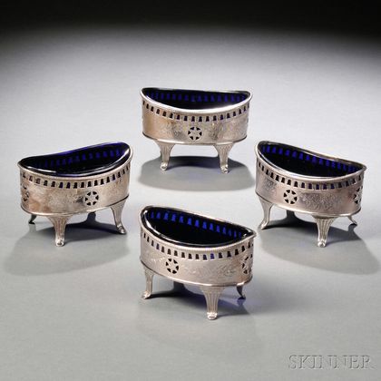 Four Silver Salt Cellars with Cobalt Glass Liners