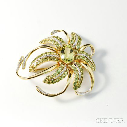 18kt Bicolor Gold, Diamond, and Gemstone Flower Brooch