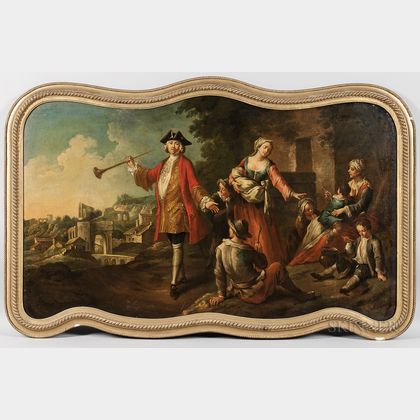 French School, 19th Century Rococo Landscape with Picnicking Peasants and a Nobleman with a Hunting Horn