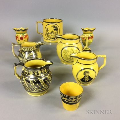 Nine Staffordshire Yellow-glazed Ceramic Vessels