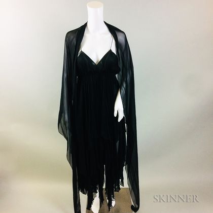 Halston Black Silk Chiffon Dress and Shawl