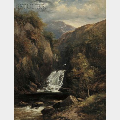 Adam Barland (British, fl. 1843-1875) View of a Surveyor at the Base of a Waterfall