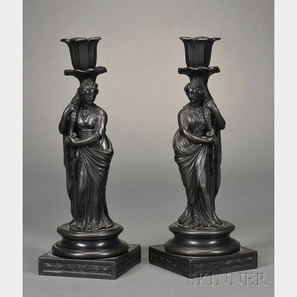 Pair of Wedgwood Black Basalt Figural Candlesticks