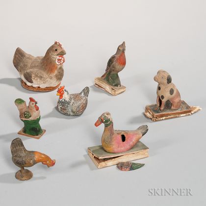 Three Pipsqueak Toys and Four Small Hen and Rooster Figures