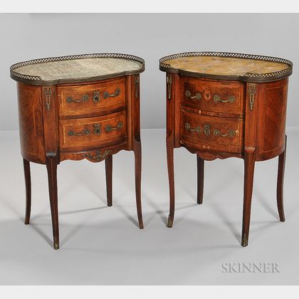 Two Louis XV-style Marble-top Inlaid Side Tables