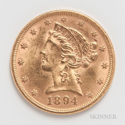 1894 $5 Liberty Head Gold Coin. Estimate $300-500