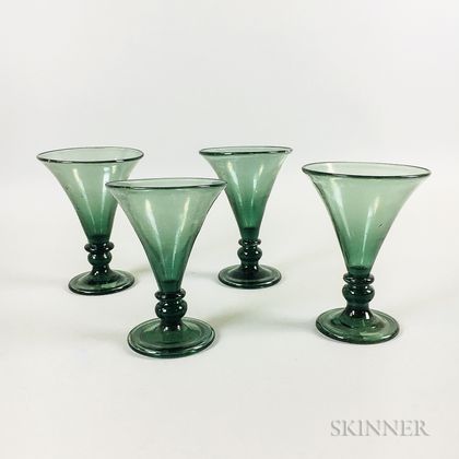 Set of Four Aqua Blown Glass Goblets