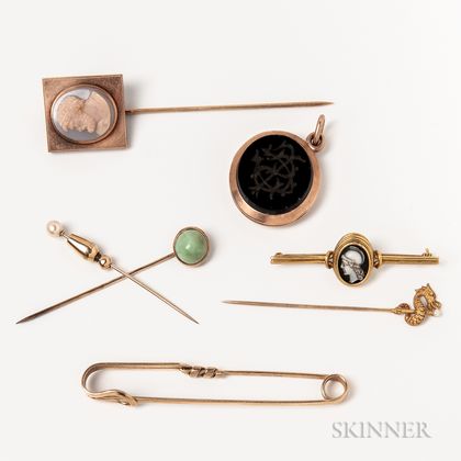 Group of Stickpins, a 14kt Gold Kilt Pin, and a Mourning Locket